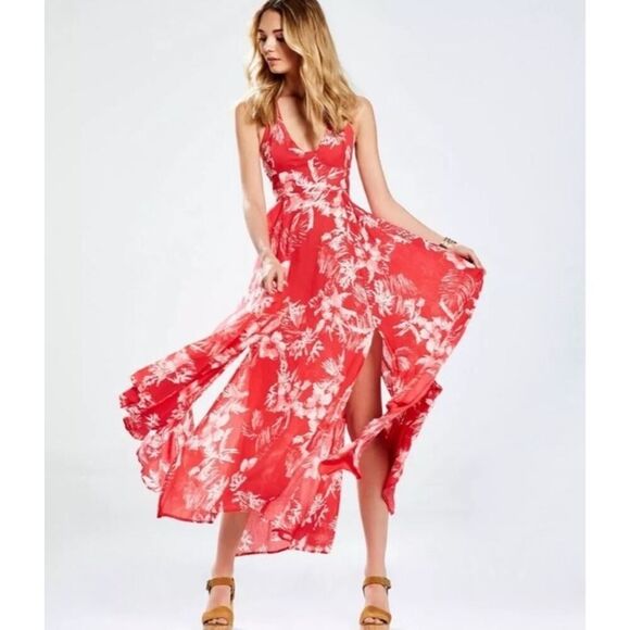 Free People Lille Halter Maxi Dress Raspberry Red Floral Cutout Sz S Cotton - Picture 6 of 15